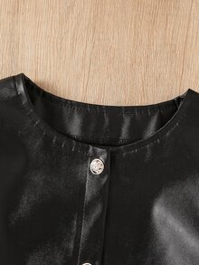 女童 PU 皮革 2 件套，秋冬長袖圓領皮夾克 + 裙子 - 黑色 - 查看 6