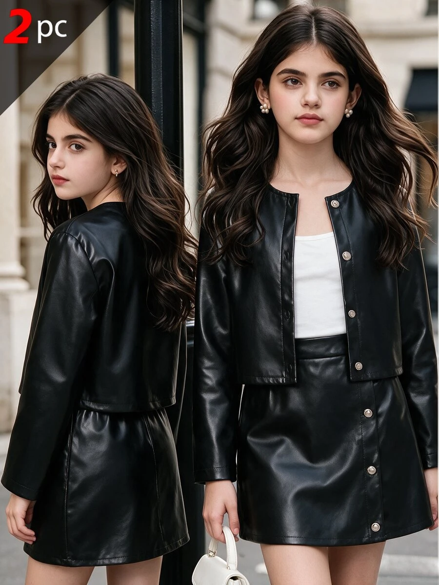 Girls' PU Leather 2 Pieces Set, Autumn/Winter Long Sleeve Round Neck Leather Jacket + Skirt - Black - View 1
