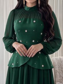 Modelyn Women's Elegant Modest Faux Pearl Decor Mesh Lantern Sleeve Dress Formal Dinner Date Dark Green Fall Wedding - Dark Green - View 4