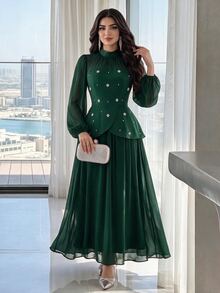 Modelyn Women's Elegant Modest Faux Pearl Decor Mesh Lantern Sleeve Dress Formal Dinner Date Dark Green Fall Wedding - Dark Green - View 6