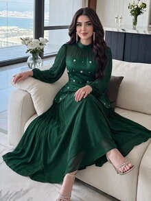 Modelyn Women's Elegant Modest Faux Pearl Decor Mesh Lantern Sleeve Dress Formal Dinner Date Dark Green Fall Wedding - Dark Green - View 5