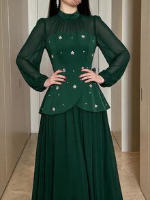 Modelyn Women's Elegant Modest Faux Pearl Decor Mesh Lantern Sleeve Dress Formal Dinner Date Dark Green Fall Wedding - Dark Green - View 7