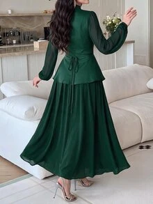 Modelyn Women's Elegant Modest Faux Pearl Decor Mesh Lantern Sleeve Dress Formal Dinner Date Dark Green Fall Wedding - Dark Green - View 2