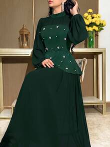 Modelyn Women's Elegant Modest Faux Pearl Decor Mesh Lantern Sleeve Dress Formal Dinner Date Dark Green Fall Wedding - Dark Green - View 9