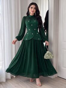 Modelyn Women's Elegant Modest Faux Pearl Decor Mesh Lantern Sleeve Dress Formal Dinner Date Dark Green Fall Wedding - Dark Green - View 1