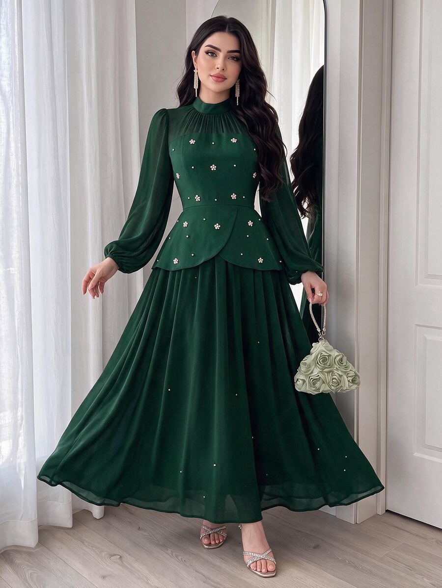 Modelyn Women's Elegant Modest Faux Pearl Decor Mesh Lantern Sleeve Dress Formal Dinner Date Dark Green Fall Wedding - Dark Green - View 1