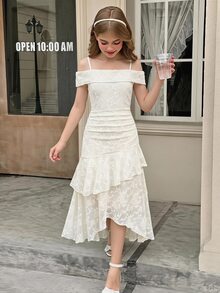 SHEIN Tween Girl 秋/冬 優雅米色蕾絲方領抓皺多層荷葉邊不對稱下擺收腰長洋裝，適合派對、節日慶典、優雅場合、返校舞會、正式活動及婚禮賓客穿著 - 米色 - 查看 3