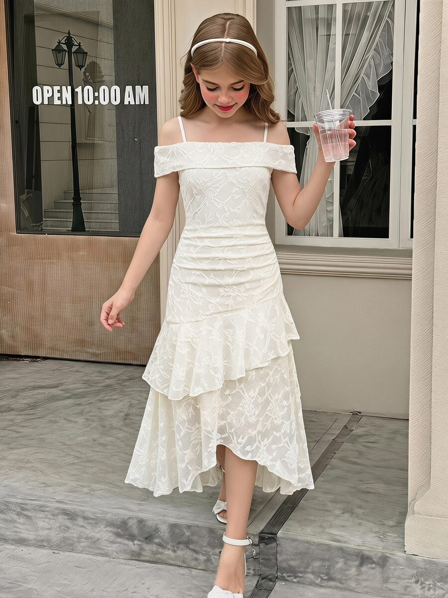 SHEIN Tween Girl Tween Girl Autumn/Winter Elegant Beige Lace Square Neck Ruched Multi-Layer Ruffle Asymmetrical Hem Cinched Waist Long Dress - Suitable For Parties, Holiday Celebrations, Elegant Occasions, Back To School Dance, Formal Events And Wedding Guest Wear - Beige - View 1