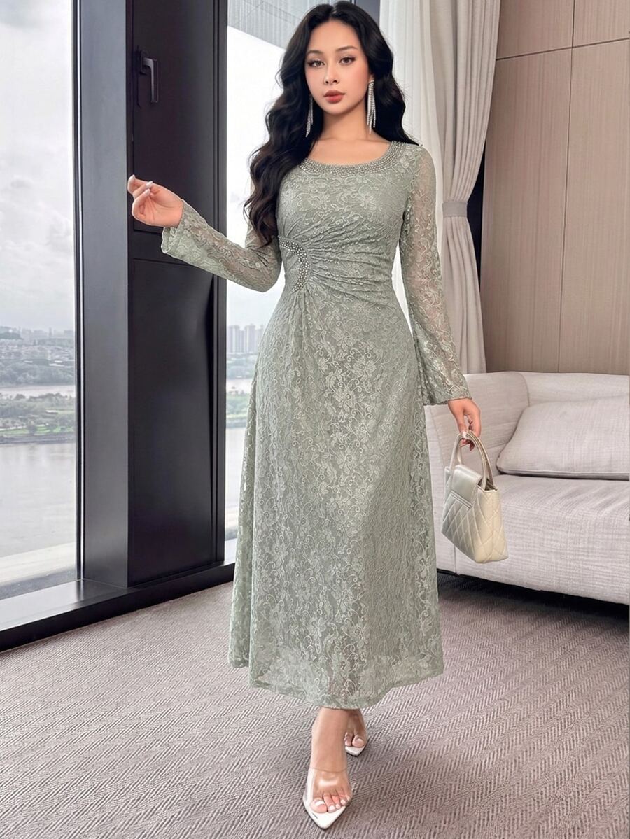 Feyla New Design Asymmetrical Collar High-End Exquisite Rhinestone Embellished Waist-Cinching Slimming Elegant Lace Party Dress