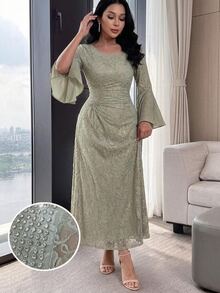 Feyla New Design Asymmetrical Collar High-End Exquisite Rhinestone Embellished Waist-Cinching Slimming Elegant Lace Party Dress - Gray green - View 4