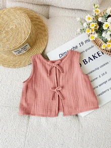 SHEIN LMoss Kids 可爱休闲粉色蝴蝶结吊带背心，夏季百搭，Babygirl - 粉色 - 查看 4