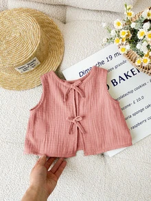 SHEIN LMoss Kids 可爱休闲粉色蝴蝶结吊带背心，夏季百搭，Babygirl - 粉色 - 查看 5