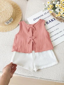 SHEIN LMoss Kids 可爱休闲粉色蝴蝶结吊带背心，夏季百搭，Babygirl - 粉色 - 查看 2