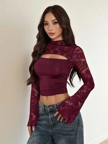 SHEIN PETITE 女款優雅酒紅色蕾絲拼接修身鏤空長袖T恤，秋季夜生活返校上衣，情人節派對婚禮，適合嬌小女性 - 酒紅色 - 查看 10