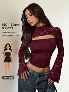 SHEIN PETITE 女款優雅酒紅色蕾絲拼接修身鏤空長袖T恤，秋季夜生活返校上衣，情人節派對婚禮，適合嬌小女性 - 酒紅色 - 查看 11
