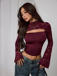 SHEIN PETITE 女款優雅酒紅色蕾絲拼接修身鏤空長袖T恤，秋季夜生活返校上衣，情人節派對婚禮，適合嬌小女性 - 酒紅色 - 查看 6