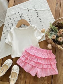 SHEIN LMoss Kids LMoss 2件組女嬰純色針織圓領T恤與條紋荷葉邊下擺短褲套裝，女嬰 - 彩色 - 查看 6
