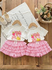 SHEIN LMoss Kids LMoss 2件組女嬰純色針織圓領T恤與條紋荷葉邊下擺短褲套裝，女嬰 - 彩色 - 查看 3