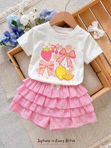 SHEIN LMoss Kids LMoss 2件組女嬰純色針織圓領T恤與條紋荷葉邊下擺短褲套裝，女嬰 - 彩色 - 查看 7