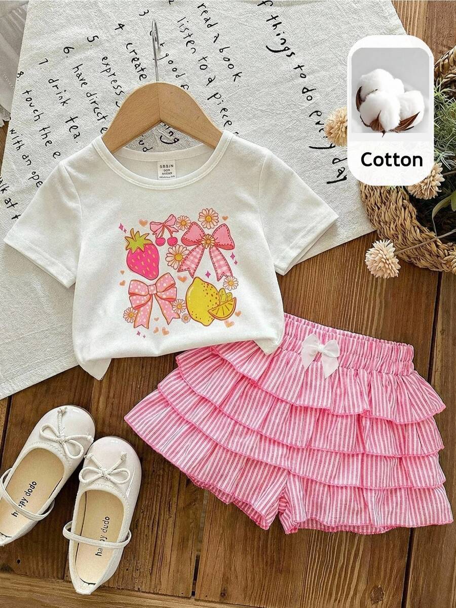 SHEIN LMoss Kids LMoss 2件組女嬰純色針織圓領T恤與條紋荷葉邊下擺短褲套裝,女嬰 - 彩色 - 查看 1