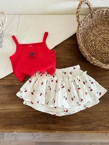 SHEIN LMoss Kids 2pcs Baby Girl Knitted Solid Color Cherry Embroidery Camisole And Woven Shorts Set, Baby Girl - Red - View 2