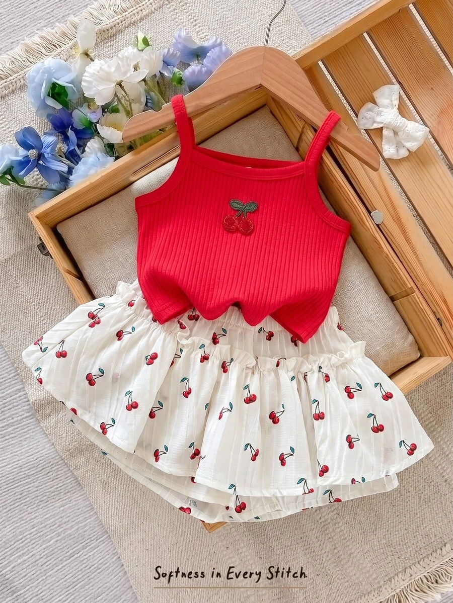 SHEIN LMoss Kids 2pcs Baby Girl Knitted Solid Color Cherry Embroidery Camisole And Woven Shorts Set, Baby Girl - Red - View 1