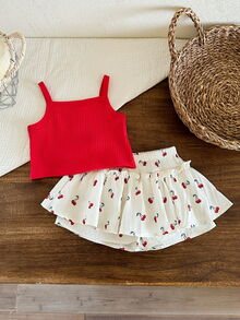 SHEIN LMoss Kids 2pcs Baby Girl Knitted Solid Color Cherry Embroidery Camisole And Woven Shorts Set, Baby Girl - Red - View 3