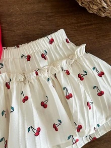 SHEIN LMoss Kids 2pcs Baby Girl Knitted Solid Color Cherry Embroidery Camisole And Woven Shorts Set, Baby Girl - Red - View 6