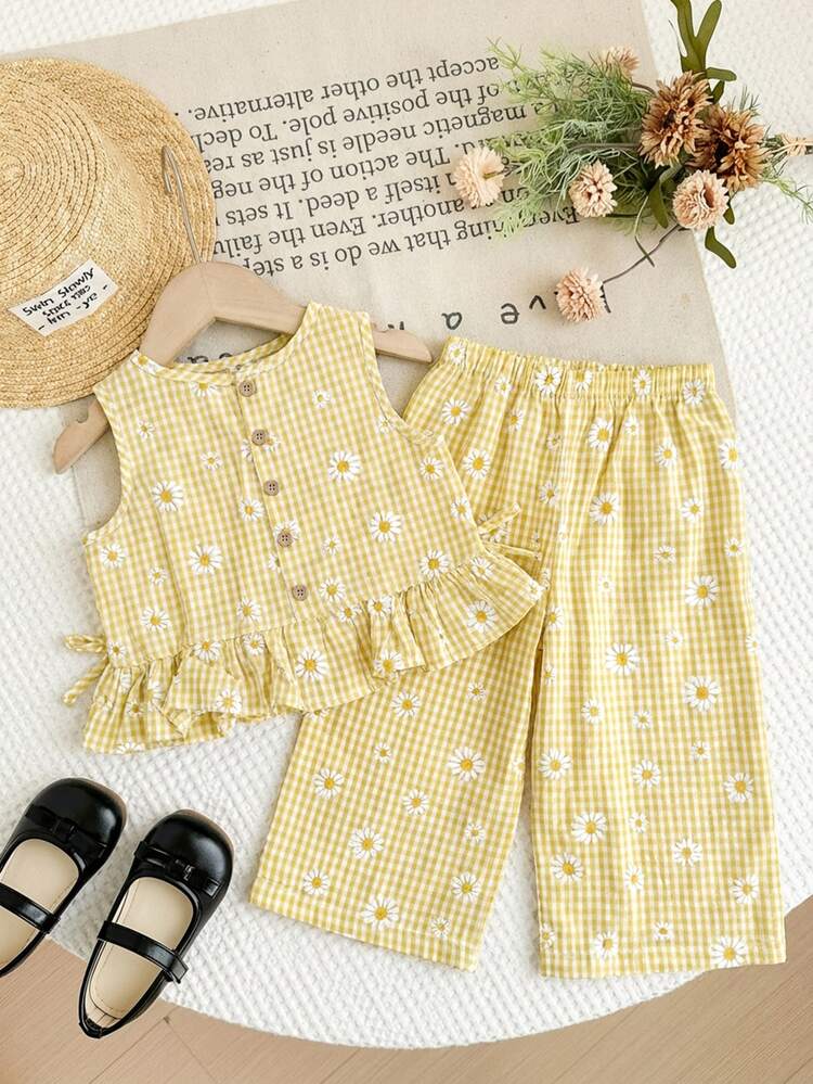 SHEIN LMoss Kids 2pcs Baby Girl Woven Striped Crew Neck Top And Loose Casual Pants Set Yellow Gingham Summer Toddler Two Piece Plaid Daisy Outfit Ruffle - Multicolor - View 5