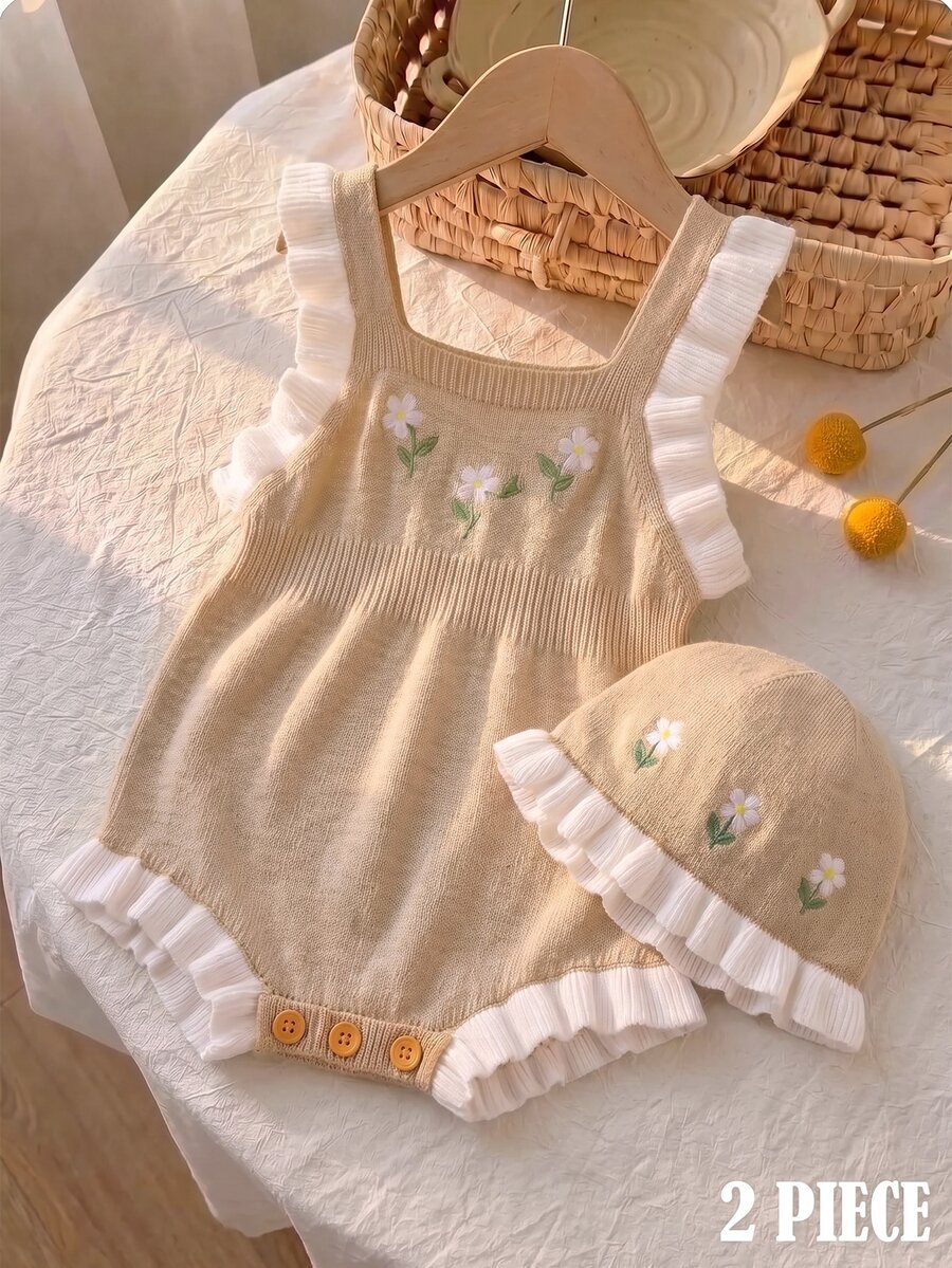 SHEIN LMoss Kids 女嬰新生兒小碎花針織秋季連身衣,拼色設計,蕾絲飾邊,適合滿月、生日及其他場合,連身衣+帽子2件套 - 杏色 - 查看 1