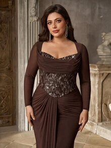 Aureia Plus Size Elegant Romantic Noble Coffee Color Elastic Mesh Dress With Sequin Patchwork Mermaid Tail, Suitable For Elegant Party, Wedding Guest, Formal Evening Gown - Coffee Brown - View 5