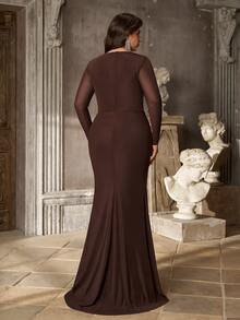 Aureia Plus Size Elegant Romantic Noble Coffee Color Elastic Mesh Dress With Sequin Patchwork Mermaid Tail, Suitable For Elegant Party, Wedding Guest, Formal Evening Gown - Coffee Brown - View 3