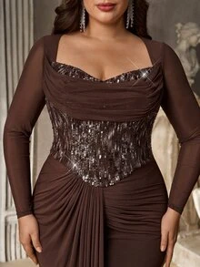 Aureia Plus Size Elegant Romantic Noble Coffee Color Elastic Mesh Dress With Sequin Patchwork Mermaid Tail, Suitable For Elegant Party, Wedding Guest, Formal Evening Gown - Coffee Brown - View 2