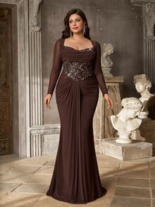 Aureia Plus Size Elegant Romantic Noble Coffee Color Elastic Mesh Dress With Sequin Patchwork Mermaid Tail, Suitable For Elegant Party, Wedding Guest, Formal Evening Gown - Coffee Brown - View 4