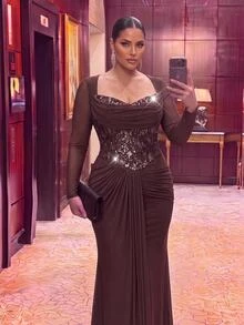Aureia Plus Size Elegant Romantic Noble Coffee Color Elastic Mesh Dress With Sequin Patchwork Mermaid Tail, Suitable For Elegant Party, Wedding Guest, Formal Evening Gown - Coffee Brown - View 6