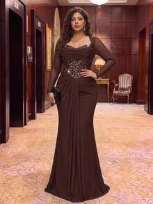 Aureia Plus Size Elegant Romantic Noble Coffee Color Elastic Mesh Dress With Sequin Patchwork Mermaid Tail, Suitable For Elegant Party, Wedding Guest, Formal Evening Gown - Coffee Brown - View 9