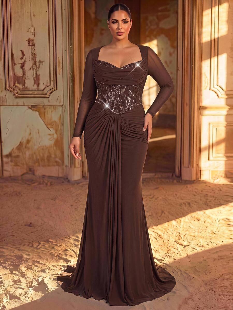 Aureia Plus Size Elegant Romantic Noble Coffee Color Elastic Mesh Dress With Sequin Patchwork Mermaid Tail, Suitable For Elegant Party, Wedding Guest, Formal Evening Gown - Coffee Brown - View 1