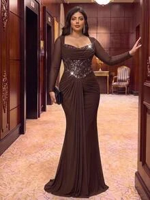 Aureia Plus Size Elegant Romantic Noble Coffee Color Elastic Mesh Dress With Sequin Patchwork Mermaid Tail, Suitable For Elegant Party, Wedding Guest, Formal Evening Gown - Coffee Brown - View 8