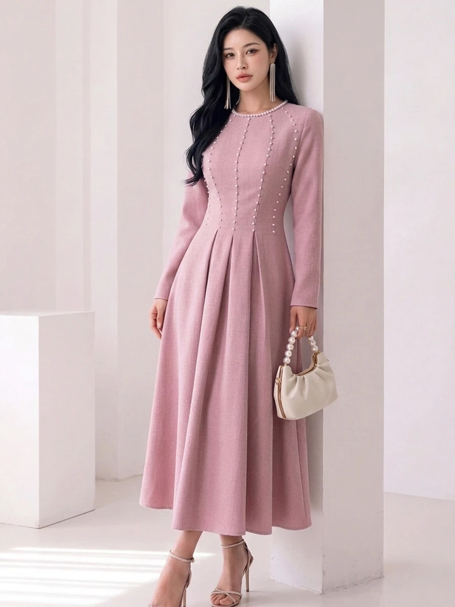 Feyla New Design French Luxury Pearl Waist-Cinching Elegant A-Line Party Dress