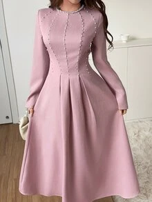 Feyla New Design French Luxury Pearl Waist-Cinching Elegant A-Line Party Dress - Dusty Pink - View 3