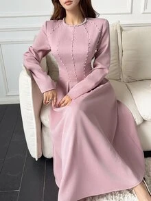 Feyla New Design French Luxury Pearl Waist-Cinching Elegant A-Line Party Dress - Dusty Pink - View 5