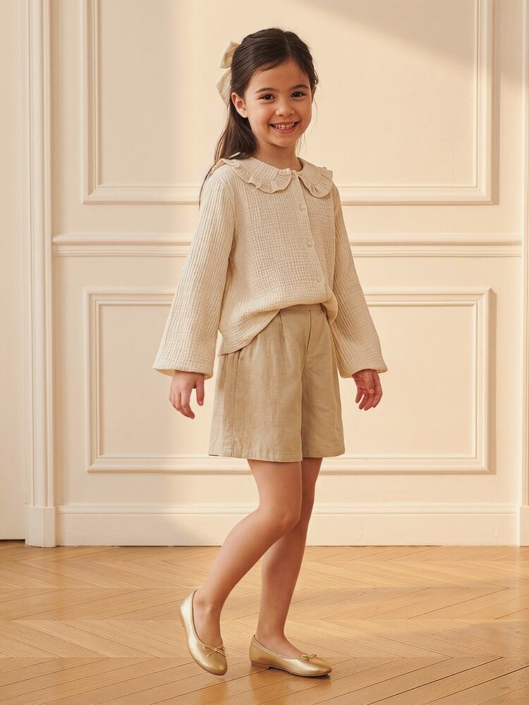 PrepCrw Tween Girls' Casual Loose Fit Ruffled Collar Shirt, Soft & Comfortable For Outdoor, Home, School & Versatile, Spring/Summer - Apricot - View 5