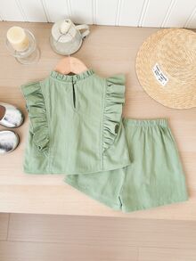 SHEIN LMoss Kids Baby Girl LMoss Summer Vacation Cute Floral Print Ruffle Trim Top And Shorts Set - Green - View 3