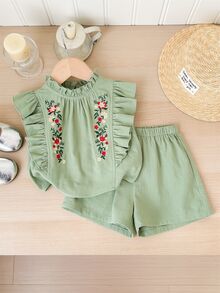 SHEIN LMoss Kids Baby Girl LMoss Summer Vacation Cute Floral Print Ruffle Trim Top And Shorts Set - Green - View 8