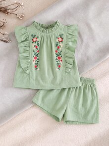 SHEIN LMoss Kids Baby Girl LMoss Summer Vacation Cute Floral Print Ruffle Trim Top And Shorts Set - Green - View 1