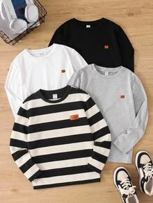 SHEIN Little Byeori 兒童青少年男孩條紋圓領T恤，都市街頭風套頭衫，休閒時尚創意個性款 - 黑色 - 查看 2