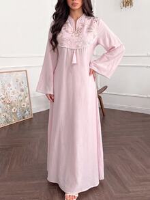 Al Najma Spring/Autumn V-Neck Bell Sleeve Beaded Embroidered Patchwork Waist-Cinching Pink Dress Going Out - Baby Pink - View 4
