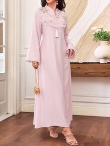 Al Najma Spring/Autumn V-Neck Bell Sleeve Beaded Embroidered Patchwork Waist-Cinching Pink Dress Going Out - Baby Pink - View 5