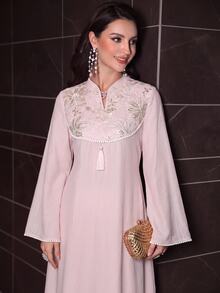Al Najma Spring/Autumn V-Neck Bell Sleeve Beaded Embroidered Patchwork Waist-Cinching Pink Dress Going Out - Baby Pink - View 2