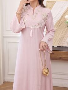 Al Najma Spring/Autumn V-Neck Bell Sleeve Beaded Embroidered Patchwork Waist-Cinching Pink Dress Going Out - Baby Pink - View 7